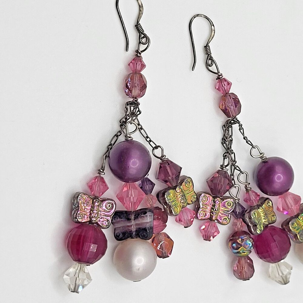 Fairycore Sterling Silver AB Crystal Butterfly Bauble Earrings 4in